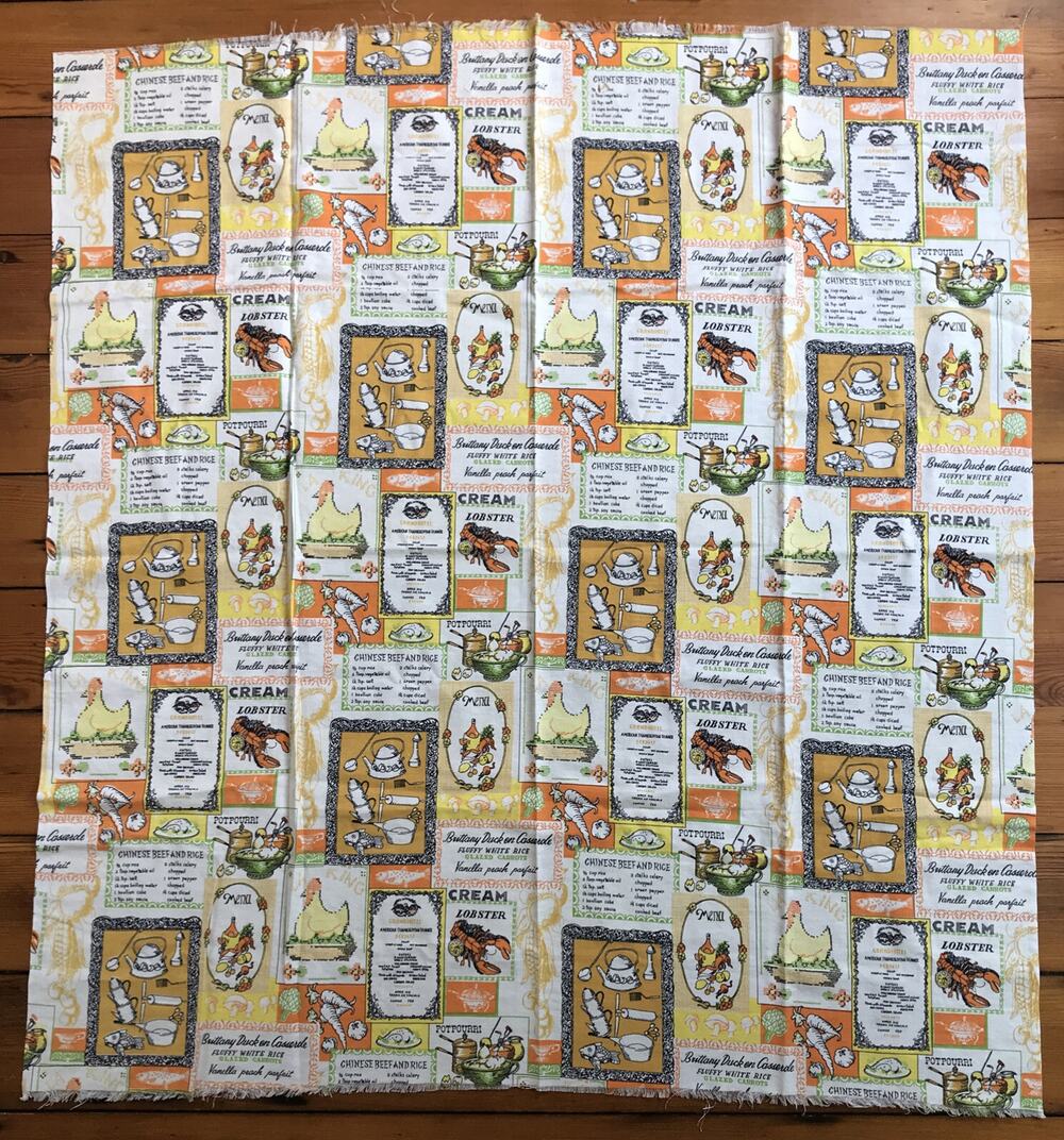 Vtg 70s Kitchen Cooking Recipes Food Menus Printed Chicken Beef Fabric 46"x43"
